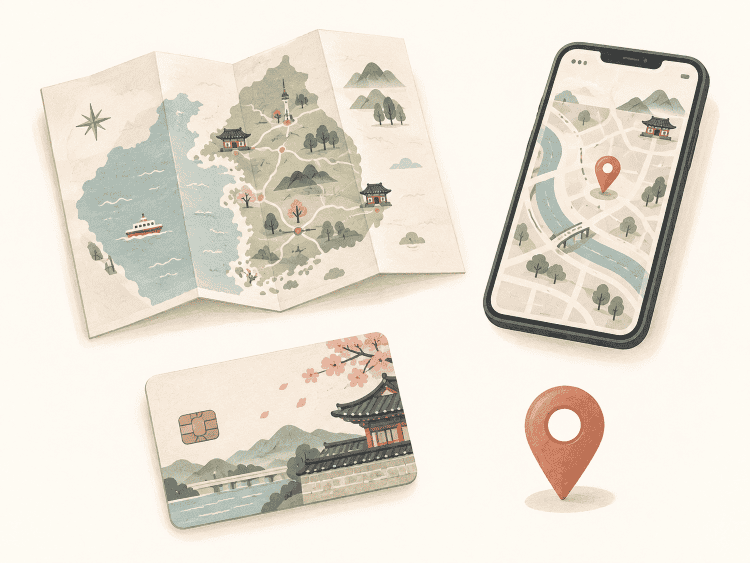 Korea travel essentials illustration with a map, smartphone, transportation card, and location pin.
