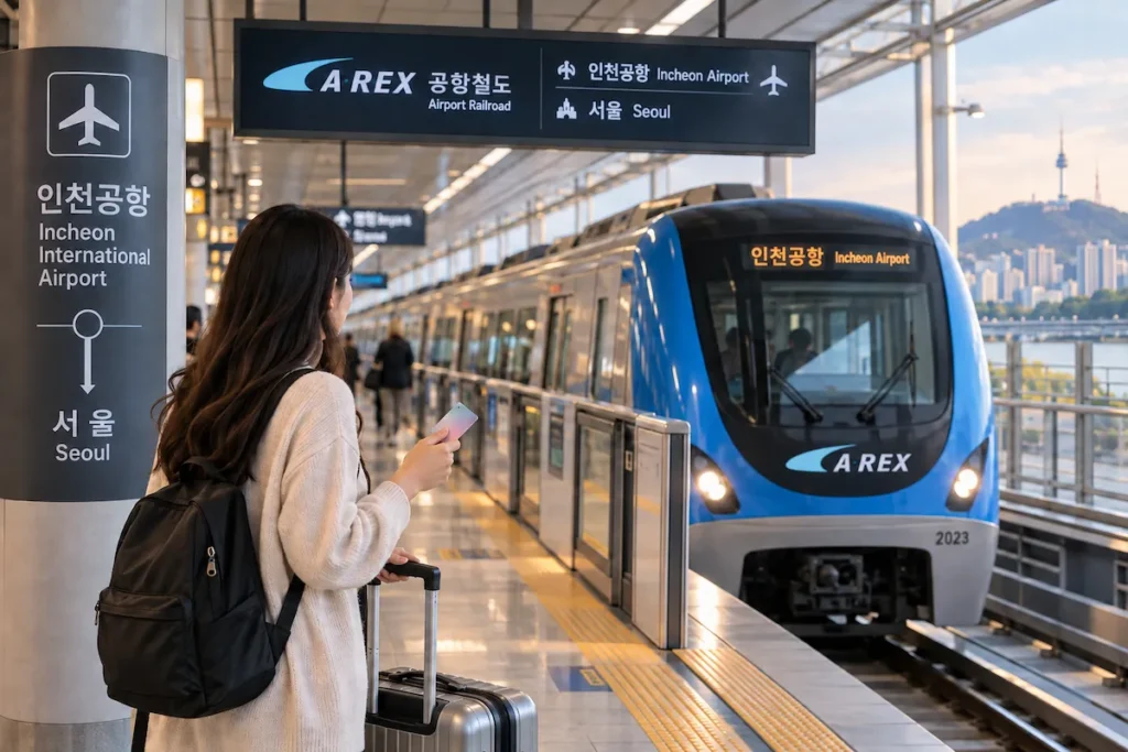 A traveler with luggage waiting for an AREX airport train between Incheon Airport and Seoul.