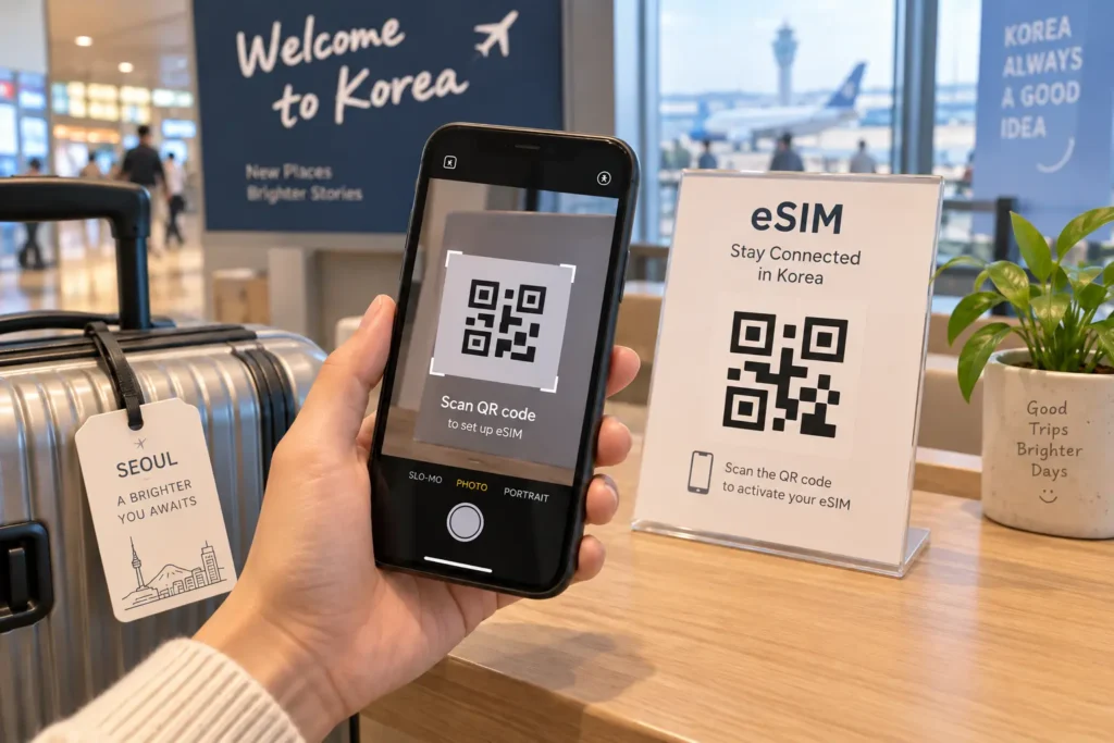 A traveler using a smartphone to scan a QR-style icon for eSIM setup at a Korean airport.
