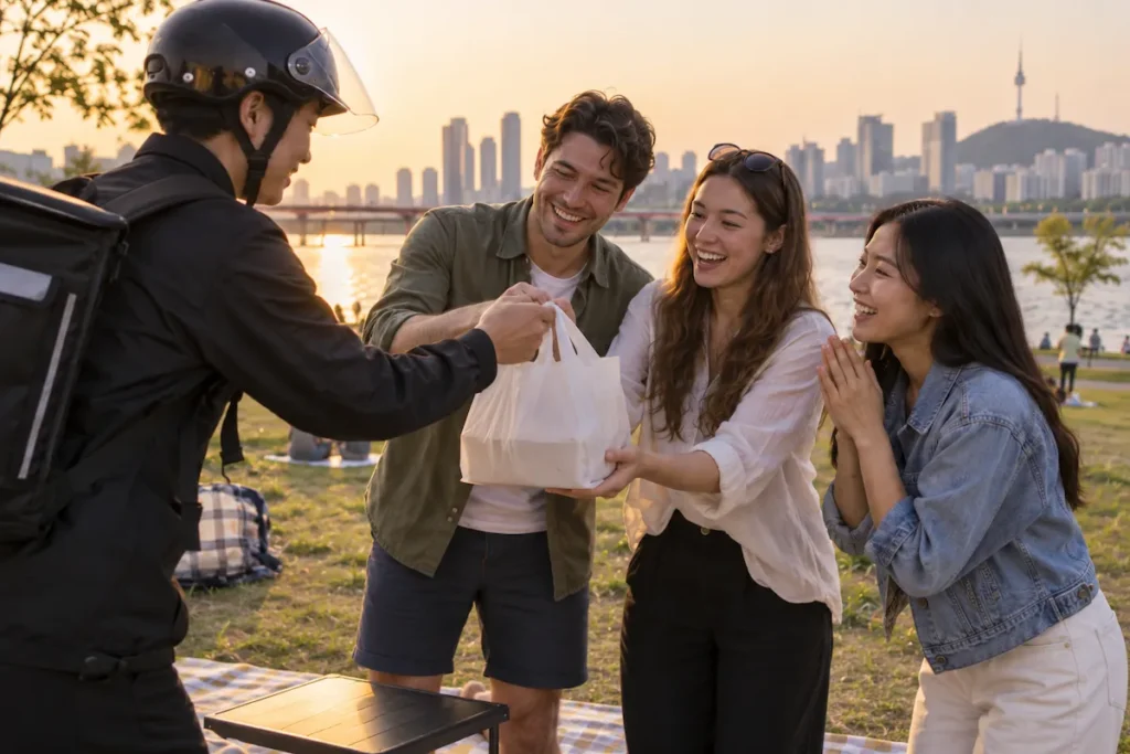 Travelers receiving a food delivery bag from a delivery rider at a park beside the Han River in Seoul.