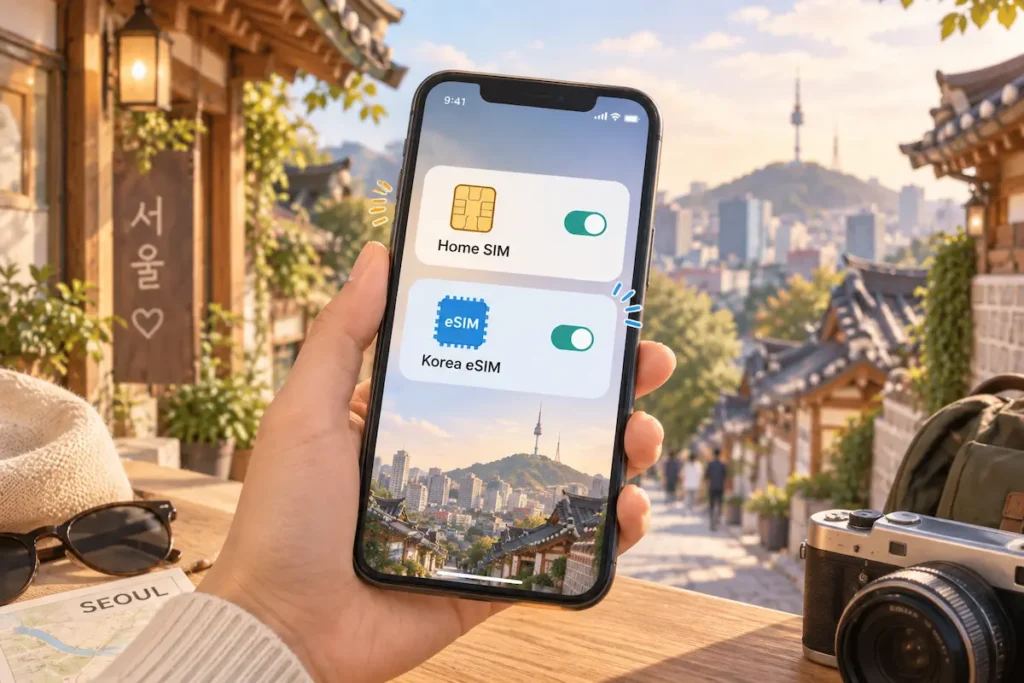 A smartphone showing a Home SIM and Korea eSIM active together while traveling in Seoul.