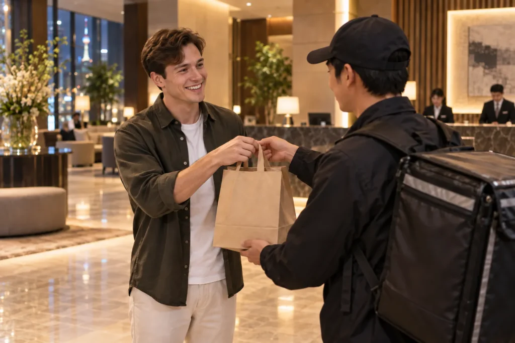 A traveler receiving a food delivery bag from a delivery rider in a hotel lobby in Korea.