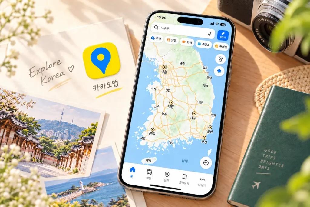 A smartphone displaying the KakaoMap app with a map of Korea and navigation interface.
