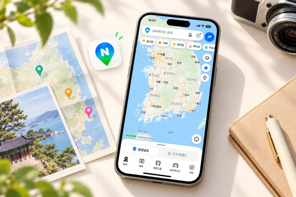 A smartphone displaying the Naver Map app with a map of Korea and navigation interface.