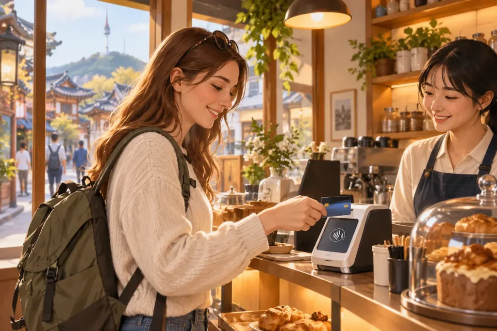 A traveler paying by credit card at a cafe in Seoul, Korea.