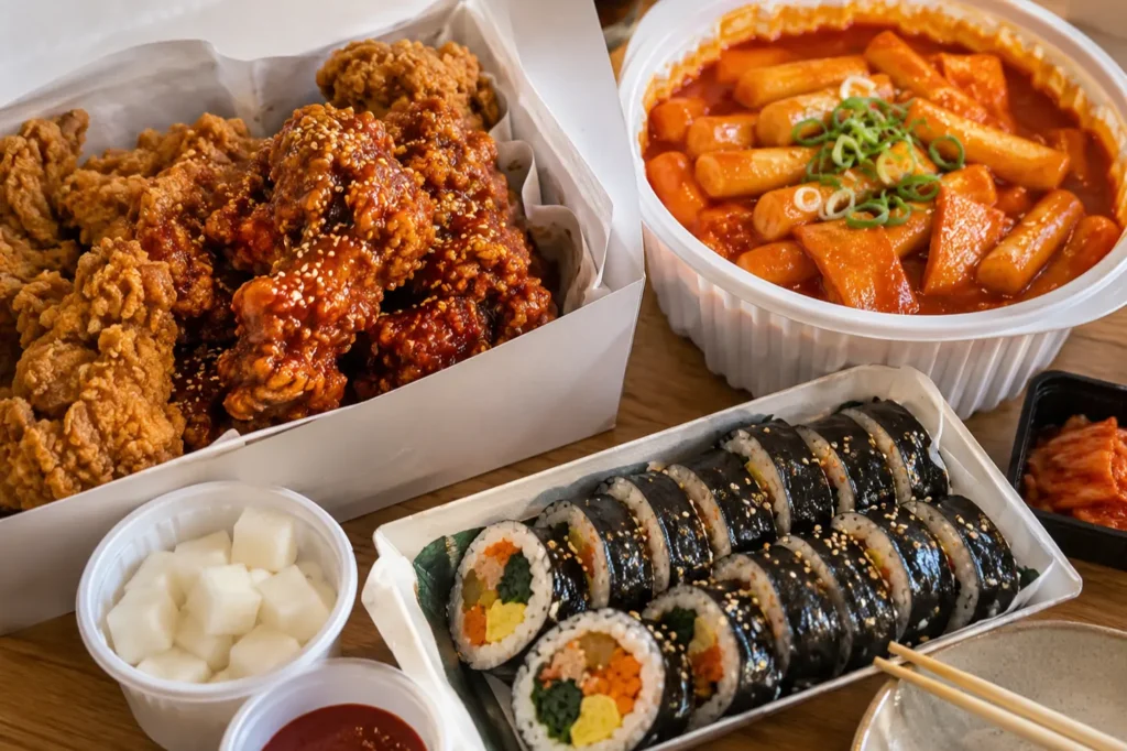 Korean fried chicken, tteokbokki, and gimbap served in delivery containers on a table.