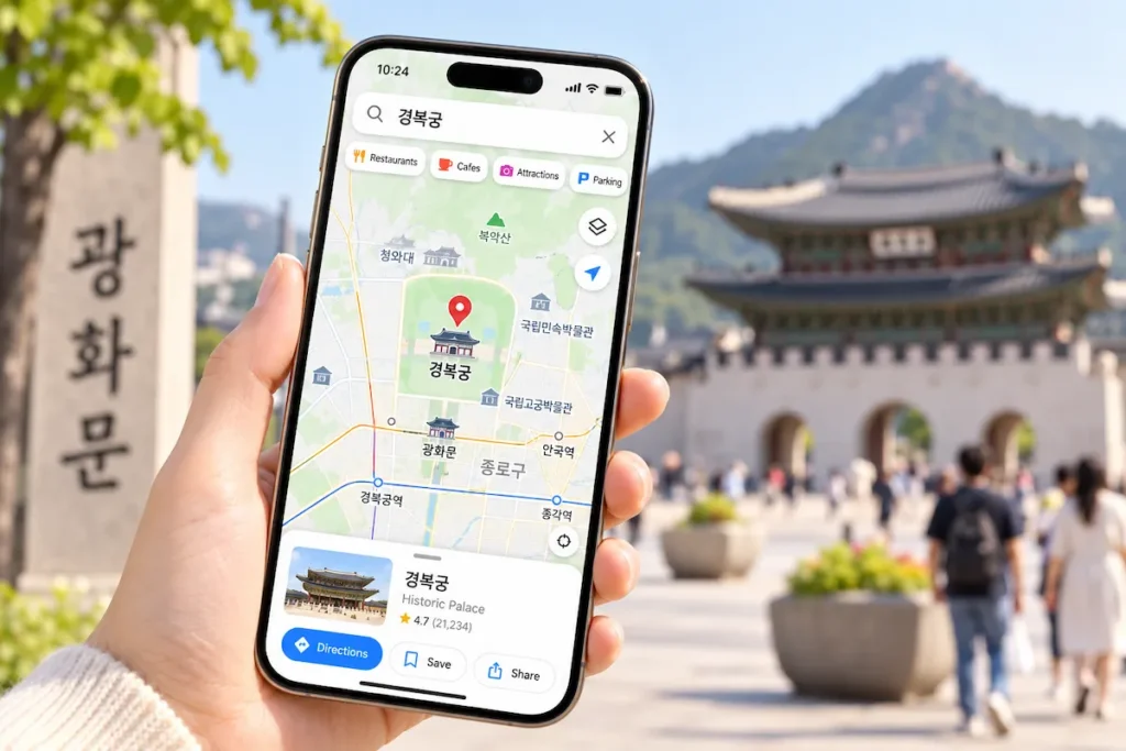 A traveler holding a smartphone and searching for Gyeongbokgung in Korean on a map app in Seoul.