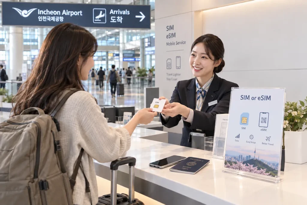 A traveler receiving a SIM card at a mobile service counter at Incheon Airport in Korea.