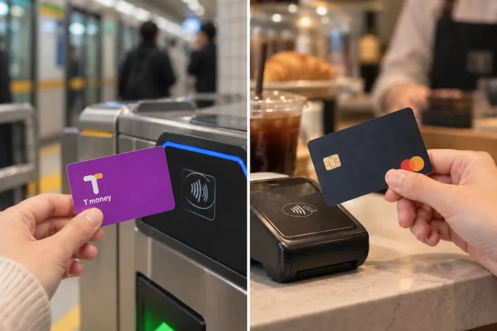 A T-money transportation card at a subway gate beside a credit card being used at a payment terminal.
