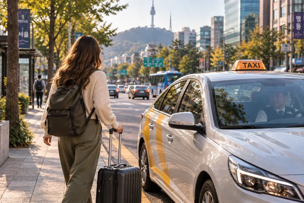 A traveler pulling a suitcase toward a taxi on a street in Seoul, Korea.