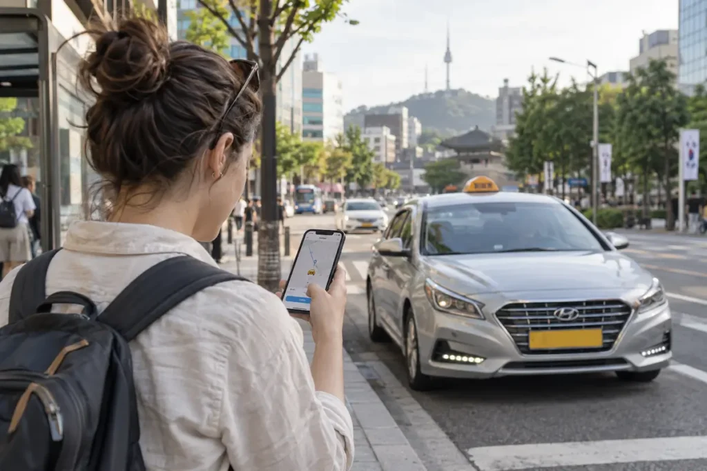 A traveler using a smartphone to call a taxi on a street in Seoul.