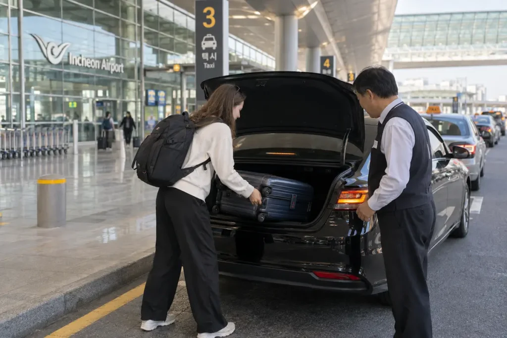 A traveler loading a suitcase into a taxi at the taxi stand at Incheon International Airport.