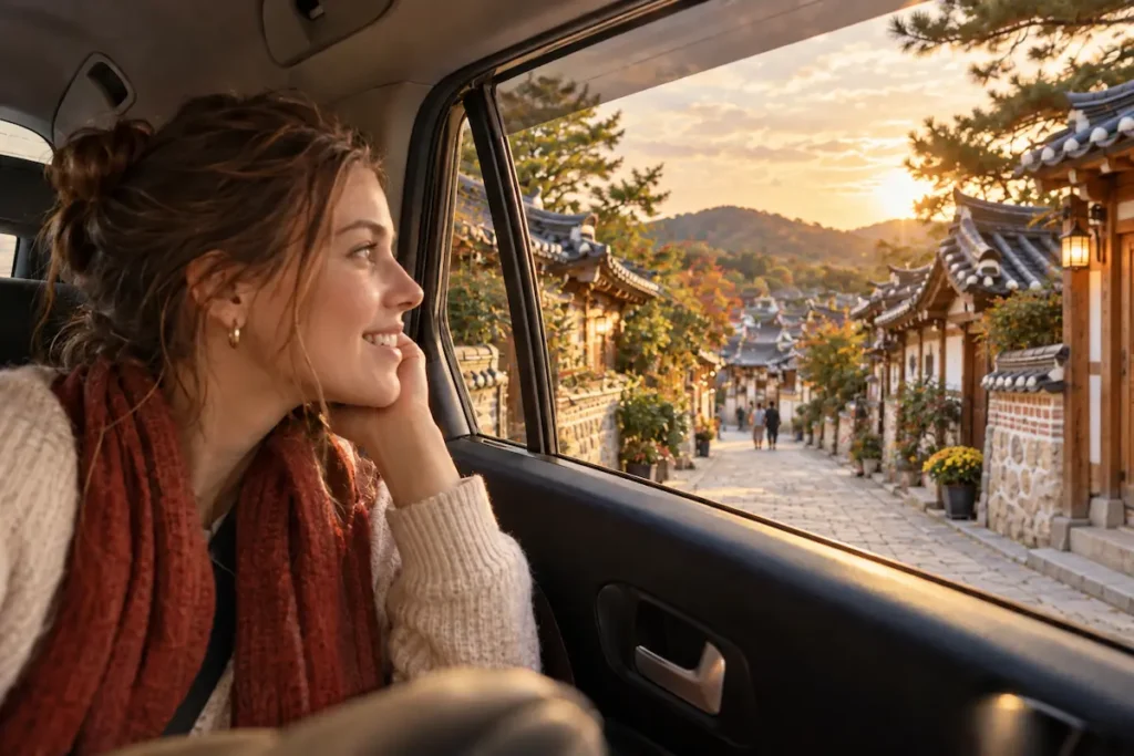 A traveler looking out of a taxi window at a traditional Korean village with hanok houses.