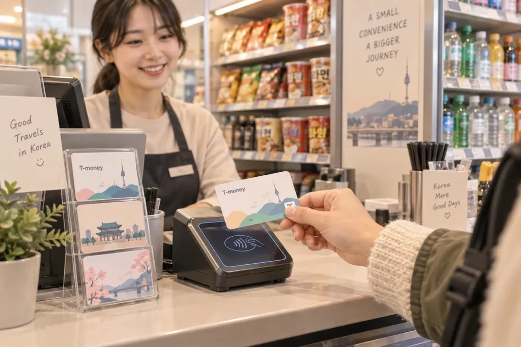 A traveler holding a T-money card at a convenience store counter in Korea.