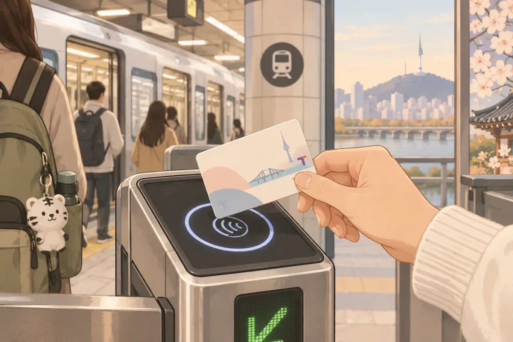 A traveler holding a T-money card over a subway gate reader in Seoul, Korea.