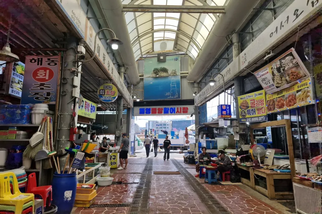 Inside Tongyeong Jungang Traditional Market near the harbor in Tongyeong, Korea.