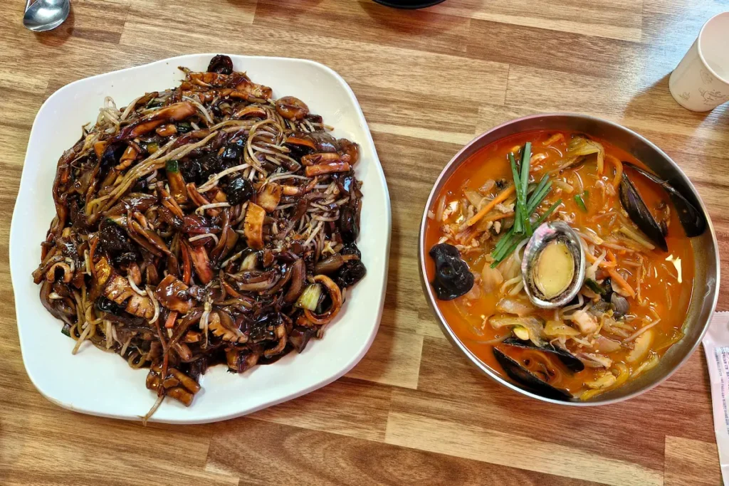 Seafood jaengban jjajang and spicy jjampong served at a local restaurant in Sancheong, Korea.